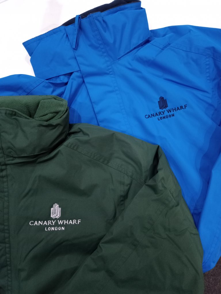 Embroidered coats for Canary Wharf